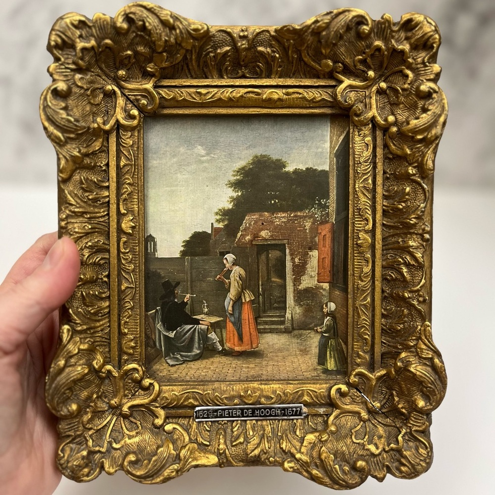 Vintage Pieter de Hooch Print,A Man Smoking and a Woman Drinking in a Courtyard